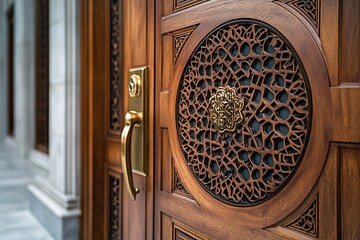 A wooden door with a gold handle and a gold knob