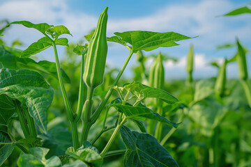 Okra growing on plant with green leaves on an okra farm.