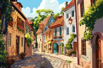 Fototapeta premium An illustration depicting a quaint village street lined with charming houses and greenery, evoking a peaceful atmosphere, A charming European village with cobblestone streets flat illustration,