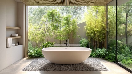 Fototapeta premium Modern bathroom with a freestanding bathtub and large windows overlooking a lush green garden.