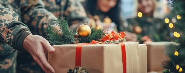 Soldier giving holiday gifts, festive mood with decorations and
