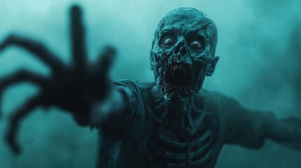 Zombie video game character breaking out of a screen, surrounded by eerie, digital fog, [Halloween video games], [undead pixel]