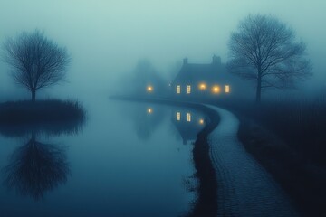 Fototapeta premium A foggy night with a house and a pond in the background