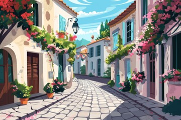 A picturesque village street scene featuring cozy homes and lush trees, capturing the essence of rural tranquility, A charming European village with cobblestone streets flat illustration, Ai generated