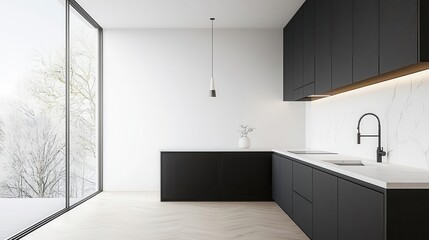 Fototapeta premium Sleek minimalist kitchen with black cabinetry, white marble countertops, modern fixtures, large open windows, minimal decor, Minimalist kitchen, Modern refinement