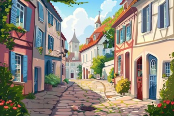 Fototapeta premium A picturesque village street scene featuring cozy homes and lush trees, capturing the essence of rural tranquility, A charming European village with cobblestone streets flat illustration, Ai generated