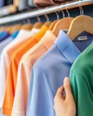 Obraz premium A vibrant display of colorful polo shirts hanging in a retail shop, showcasing a variety of stylish options for casual wear.