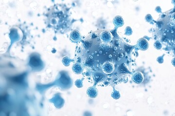 Close-up view of microscopic microbes showcasing intricate cellular structures in a blue and white environment.