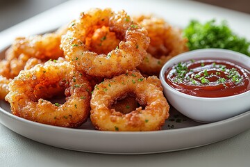 A plate of fried onion rings with a dipping sauce