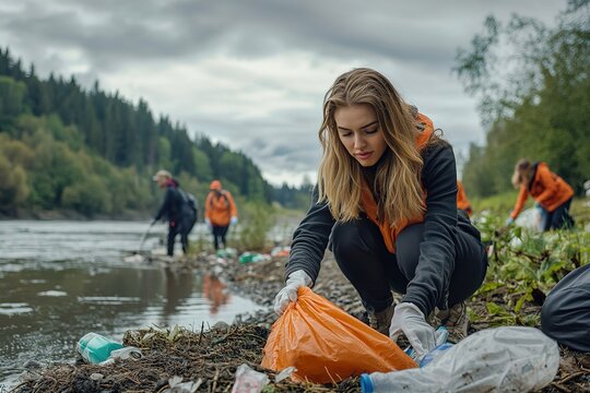 Woman collecting trash by river, environmental cleanup