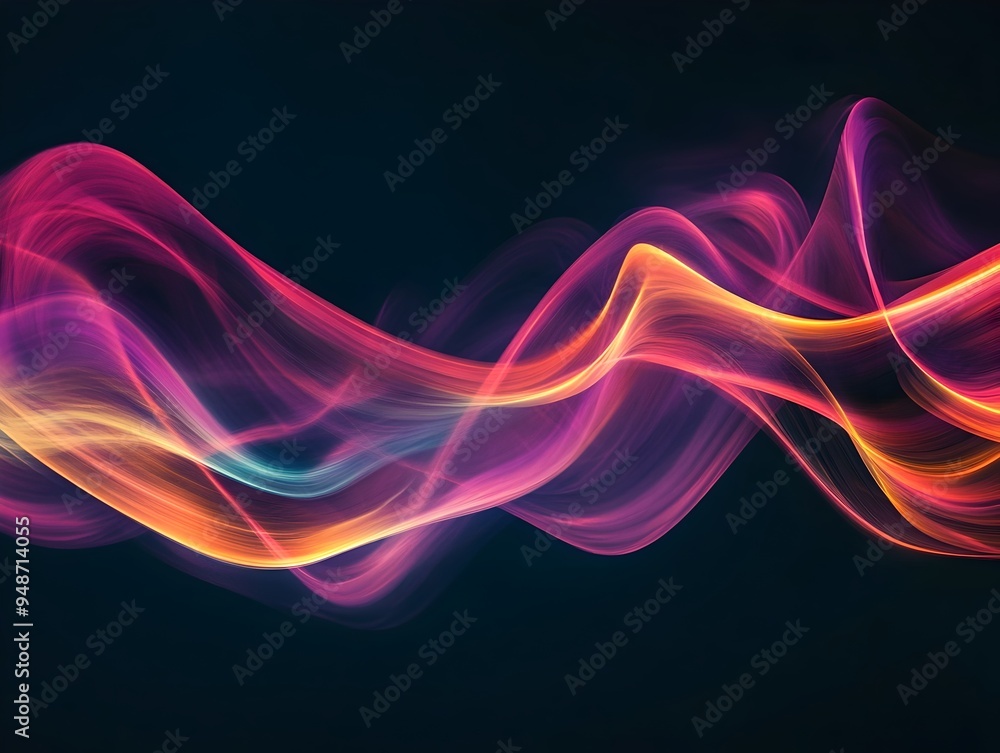 Poster flowing neon waves cascading across a dark minimalist backdrop