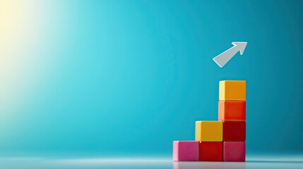 Colorful blocks arranged in a staircase formation with an upward arrow, symbolizing growth and progress in business.