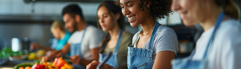 Obraz premium Diverse volunteers teaching cooking classes to low-income families, representing skill development and nutrition, culinary education