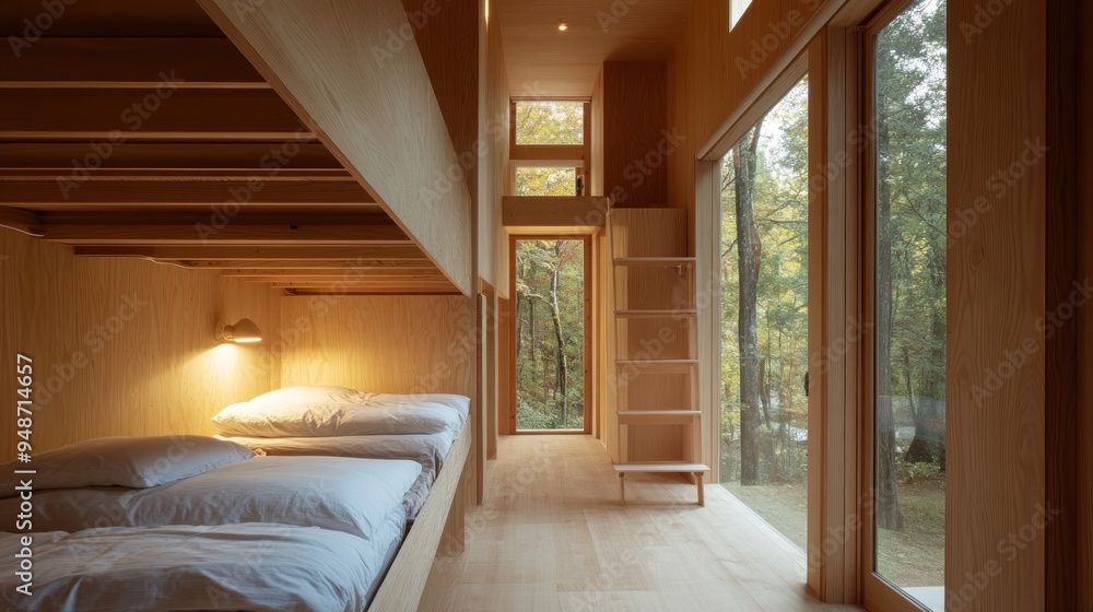 Poster Minimalist wooden cabin interior with a bunk bed, a window overlooking a forest, and a small wooden shelf.