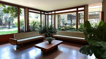 Modern living room with two couches, a coffee table, and large windows overlooking a lush garden.