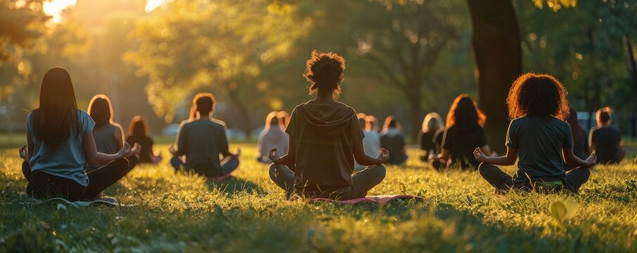 Volunteers leading mindfulness sessions in a park, focusing on mental wellness and community health.