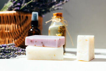 Handmade soap from natural ingredients, lavender flowers. Concept of sustainable use, bath products. Front view