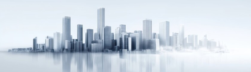 Fototapeta premium Modern city skyline with tall buildings and skyscrapers, surrounded by mist for a contemporary urban look.