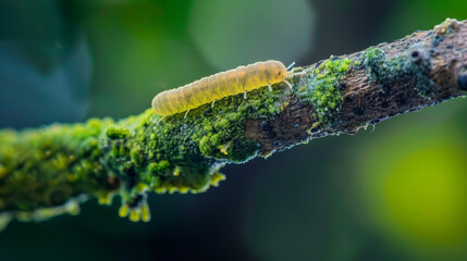 Fototapeta premium Single rod shaped bacteria crawling on a green tree branch. high quality photograph