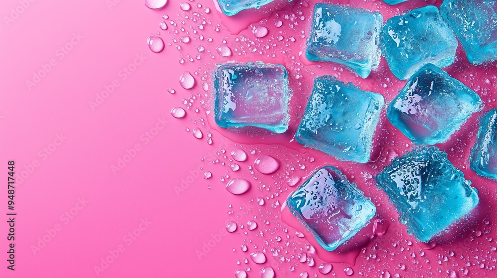 Poster colorful ice cubes resting on a vibrant pink surface with water droplets adding freshness to the com