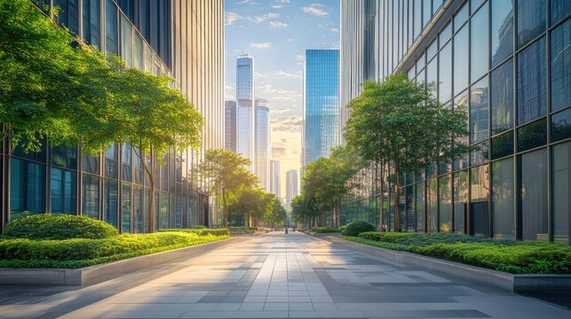 Modern cityscape with tall glass buildings and lush greenery lining the pathway under a bright sky. Urban architecture skyline.