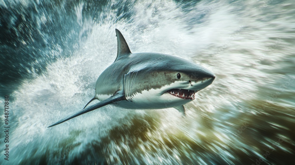 Poster an action-packed shot of a shark in pursuit of prey, with fast movement and dynamic water effects il