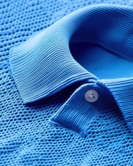 Close-up of a textured blue polo shirt with a soft collar and button, showcasing modern fashion and fine craftsmanship.