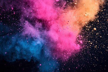 Fototapeta premium Color powder splash rainbow background paint holi smoke colour . Powder color splash explosion dust ink burst splatter white texture isolated black spray party blue wallpaper with generative ai