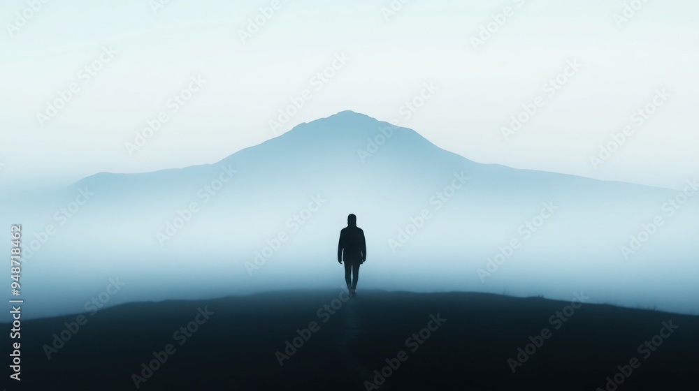 Poster a person walking through a foggy landscape, with each mindful step creating a path of light amidst t