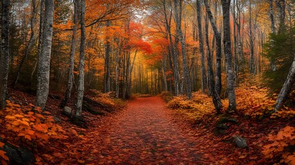 Obraz premium A hiker's perspective of a trail surrounded by autumn foliage where the rich colors of the leaves create a warm and vibrant scene and the peacefulness of the forest provides a perfect escape