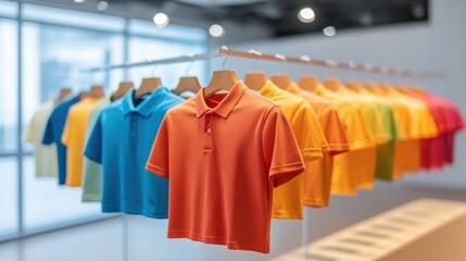 Obraz premium Colorful polo shirts displayed in a modern retail setting, showcasing a vibrant array of styles and hues for casual fashion.