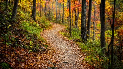 A hiker's perspective of a trail surrounded by autumn foliage where the rich colors of the leaves create a warm and vibrant scene and the peacefulness of the forest provides a perfect escape