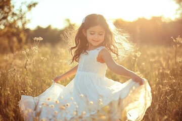 Joyful Girl in White Dress Twirling in Sunlit Meadow