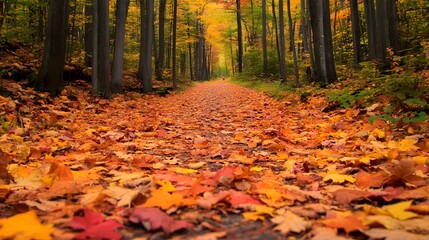 A peaceful trail covered in fallen leaves on a crisp fall day where the air is cool and the vibrant colors of the foliage create a serene and inviting atmosphere for hikers