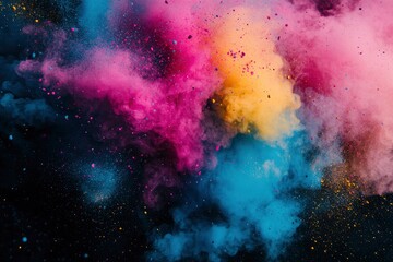Fototapeta premium Color powder splash rainbow background paint holi smoke colour . Powder color splash explosion dust ink burst splatter white texture isolated black spray party blue wallpaper with generative ai