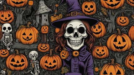 Halloween pumpkin glows spooky night House evil forest terrified faces halloween scene with a scare and pumpkins