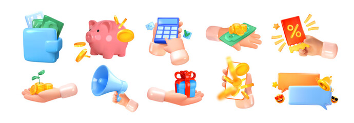 3D set on the topic of finance, saving and money, stocks, trade and earnings. Vector illustration