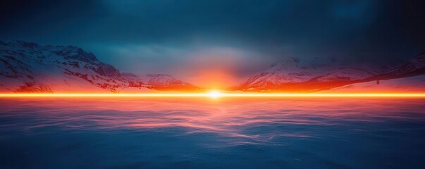 Fototapeta premium A stunning sunset over tranquil waters, casting warm orange hues on serene snow-capped mountains in a picturesque landscape.