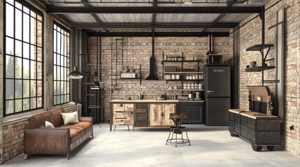 Industrial loft kitchen with brick walls, large windows, and an island with a reclaimed wood countertop.