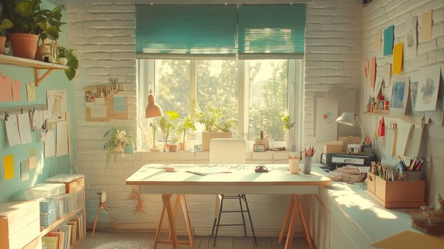 A white desk with wooden sawhorse legs sits in a sunny room with a window overlooking a green tree. There is a small lamp and a vase of flowers on the desk