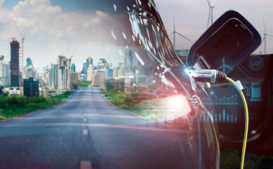 Electric vehicle charging against a backdrop of a modern cityscape, symbolizing the shift towards...