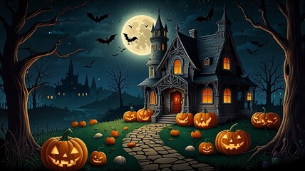 Halloween pumpkin glows spooky night House evil forest terrified faces halloween scene with a scare and pumpkins