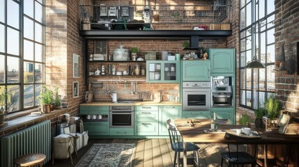 A modern kitchen with brick walls, large windows, and a dining area.