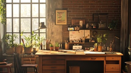 Wooden desk with drawers and various plants in a loft style room.