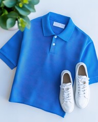 Stylish blue polo shirt paired with white sneakers, perfect for a casual summer look.
