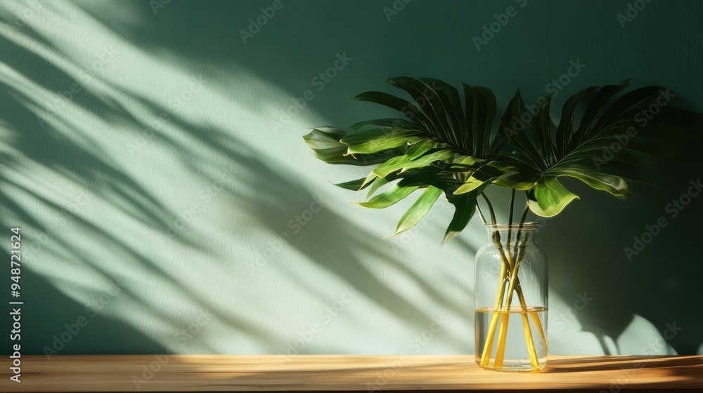Poster a minimalist arrangement of lush green monstera leaves in a simple glass vase, placed on a wooden ta