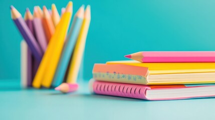 A pile of colorful notebooks with different designs and subjects, arranged on a table with a stack of sharpened pencils.
