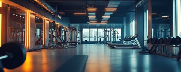 Modern gym interior with equipment, weights, and treadmills, showcasing a clean, spacious, and well-lit workout environment.
