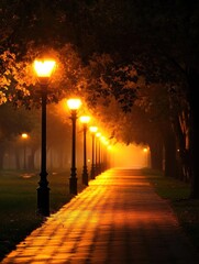 Obraz premium A serene pathway illuminated by glowing street lamps, surrounded by autumn foliage and a gentle mist, perfect for peaceful strolls.