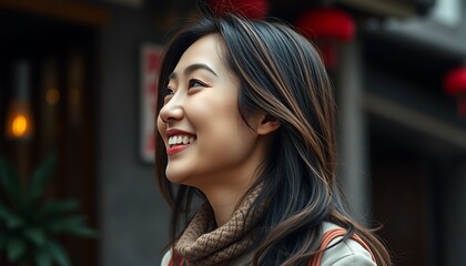 A young woman with long black hair smiles brightly while looking up and to the right. She is wearing a brown scarf and a beige jacket.